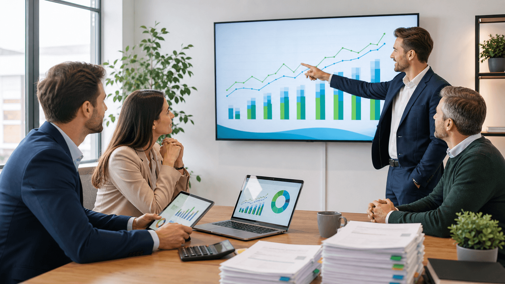 Stacked gold coins and a rising green line graph on a blue background, lit softly with a clean, modern layout