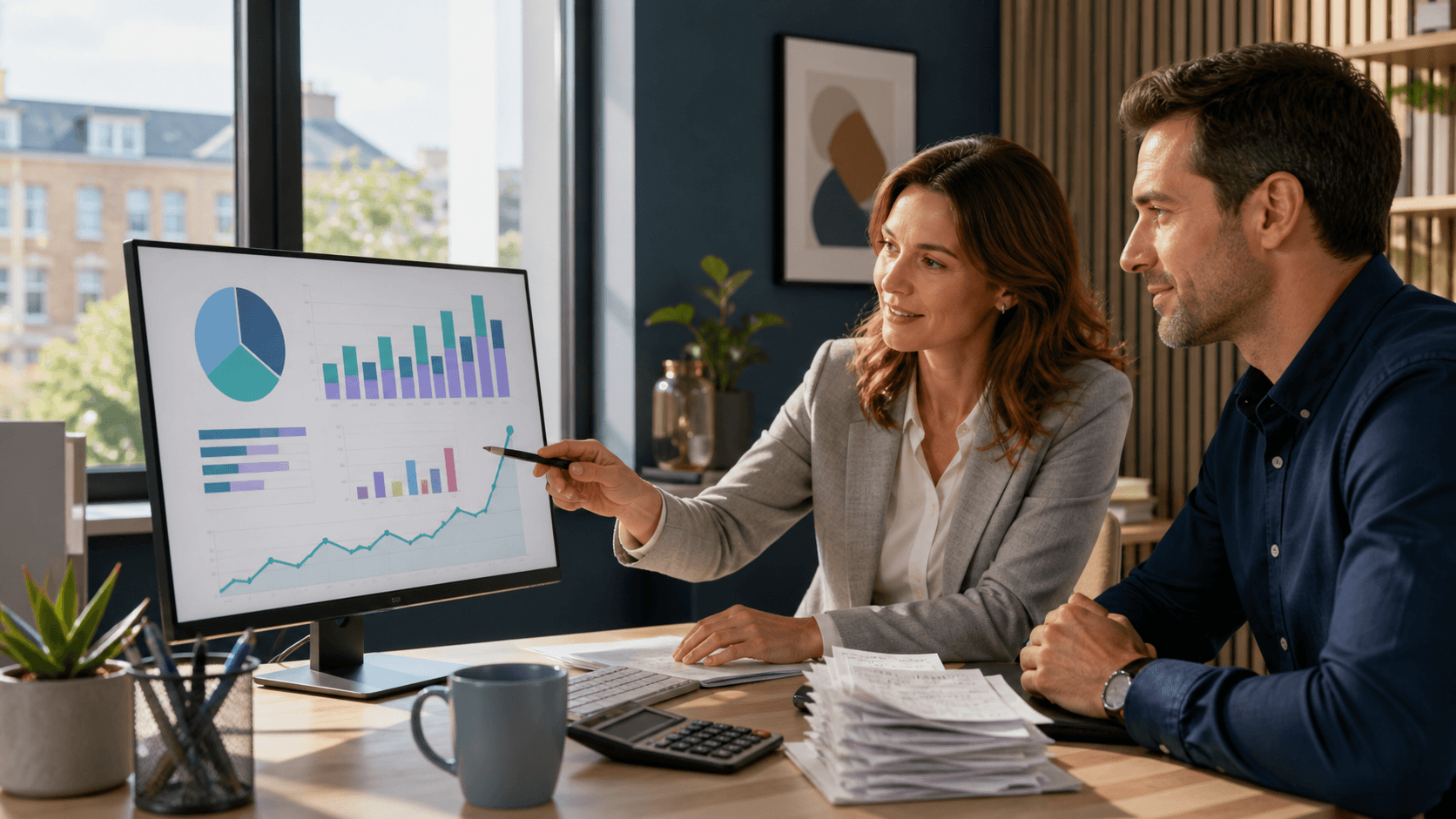 Businessperson reviewing colorful charts and profit graphs on a laptop beside a calculator and coffee cup.